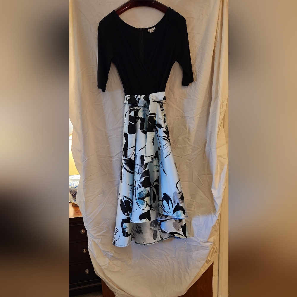 Floral Green/black Floral Cocktail Dress. Gradual Hemline